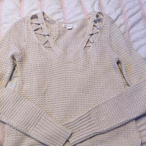 Aeropostale Women's Cream Lace-Up V-Neck Knit Sweater